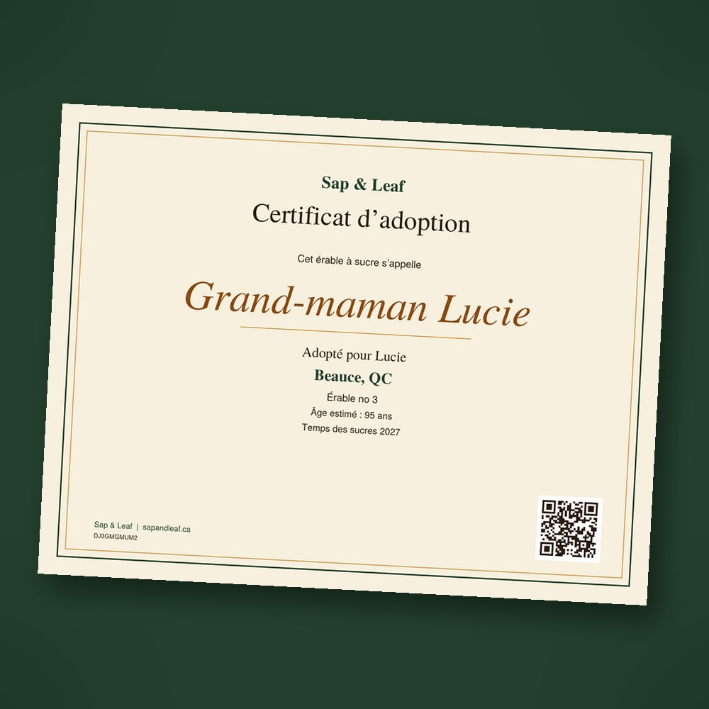 Certificat d’adoption avec le nom et la photo de l’érable